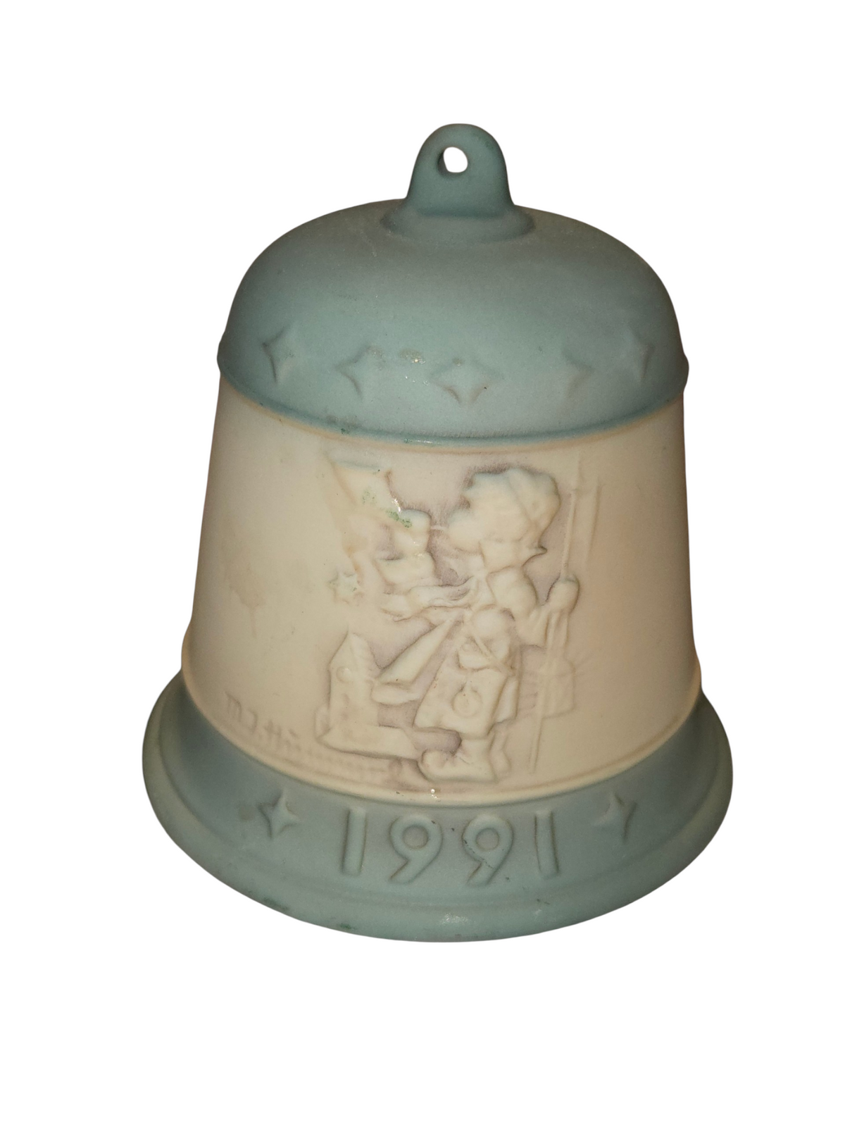 1991 Goebel Hummel Hear Ye Hear Ye Christmas bell ornament front with raised children scene