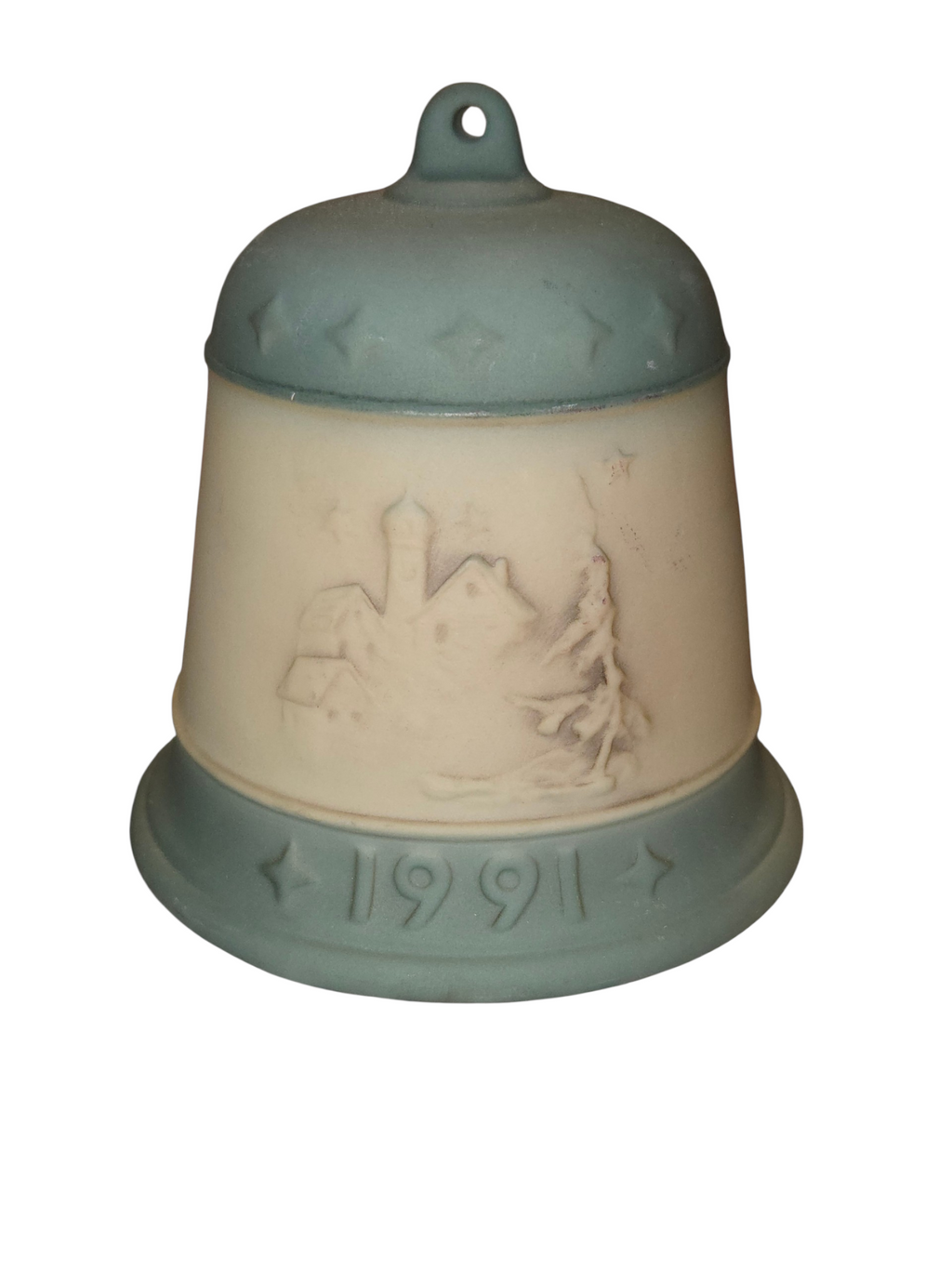 1991 Goebel Hummel Christmas bell ornament reverse with snowy village relief