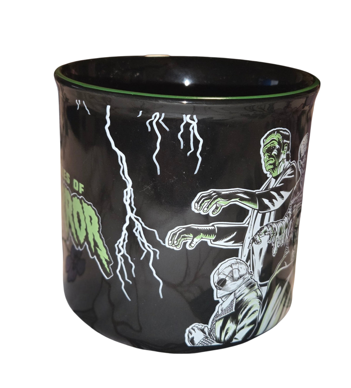 Side of Universal Tales of Monsterror mug showing Frankenstein's monster and white lightning artwork