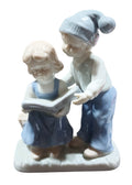 Vintage Lego Children Reading Japan Blue Porcelain Figurine