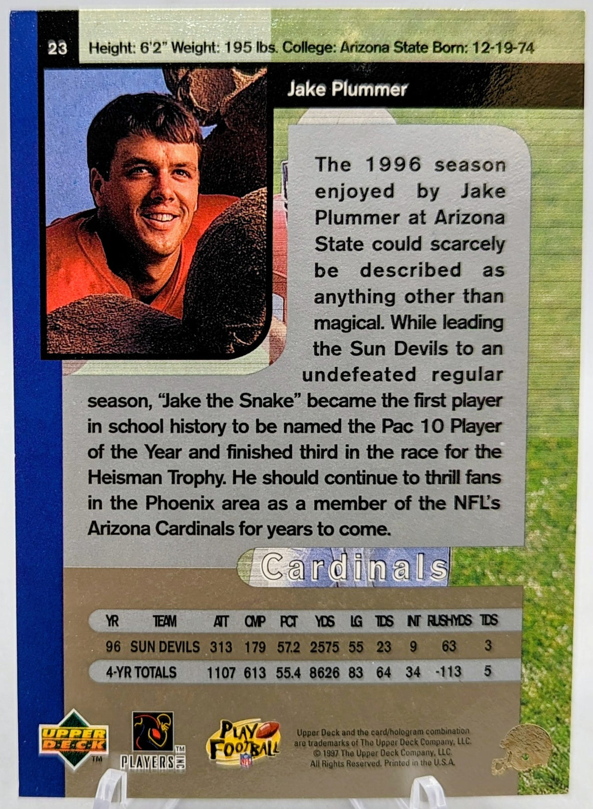 1997 Upper Deck SP Authentic Jake Plummer Future Watch RC Rookie Cardinals image 2