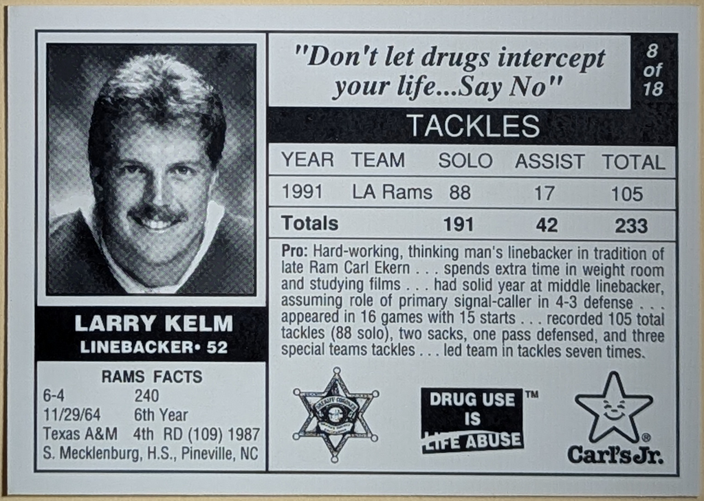 1992 Carl's Jr. Promo Football Anti Drugs Larry Kelm Los Angeles Rams #8 image 2