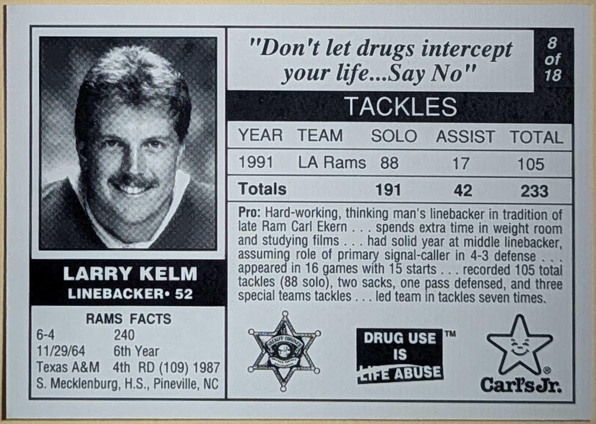 1992 Carl's Jr. Promo Football Anti Drugs Larry Kelm Los Angeles Rams #8 image 2