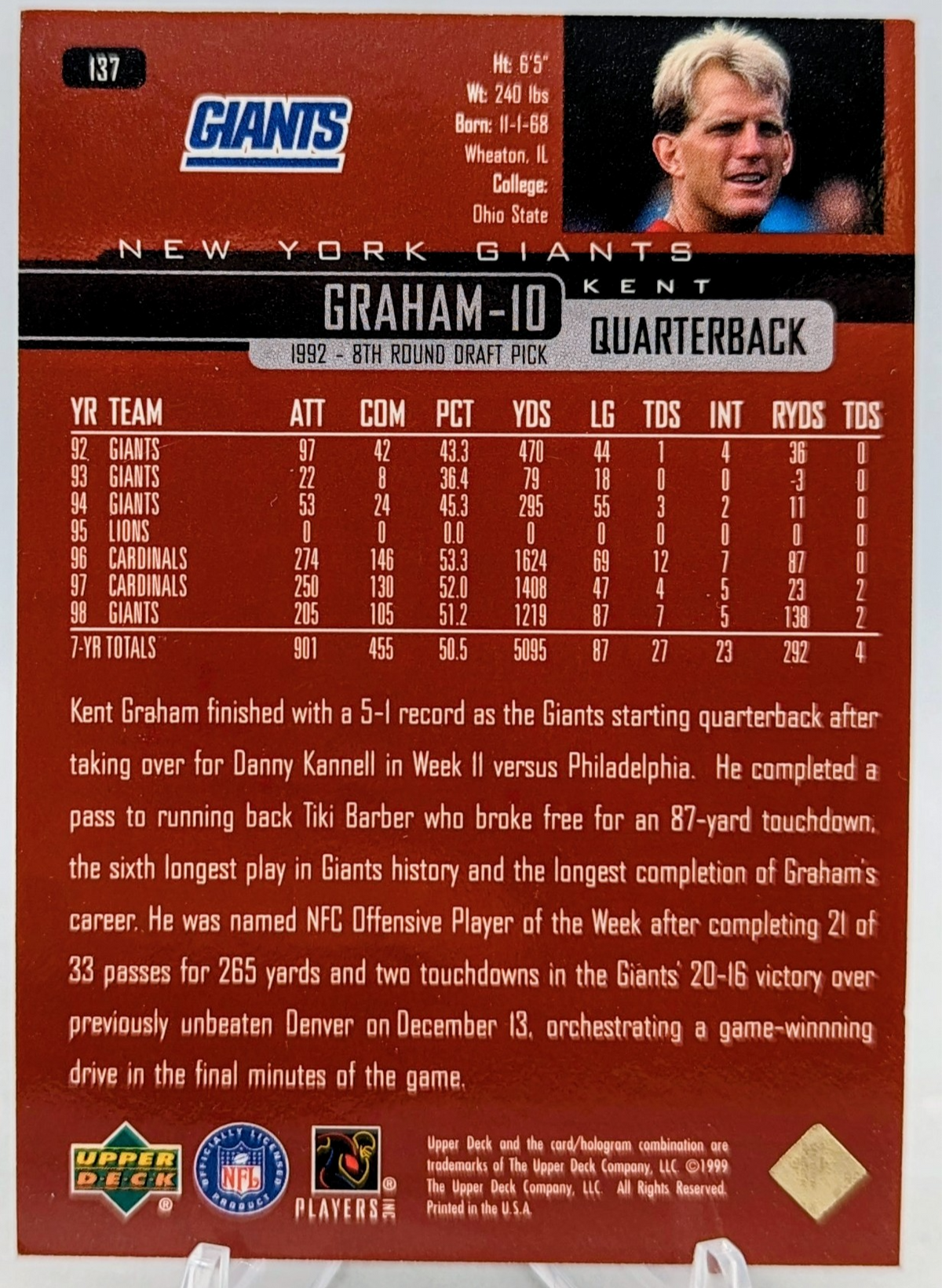 1999 Upper Deck UD Exclusives /100 Kent Graham New York Giants #137 image 2
