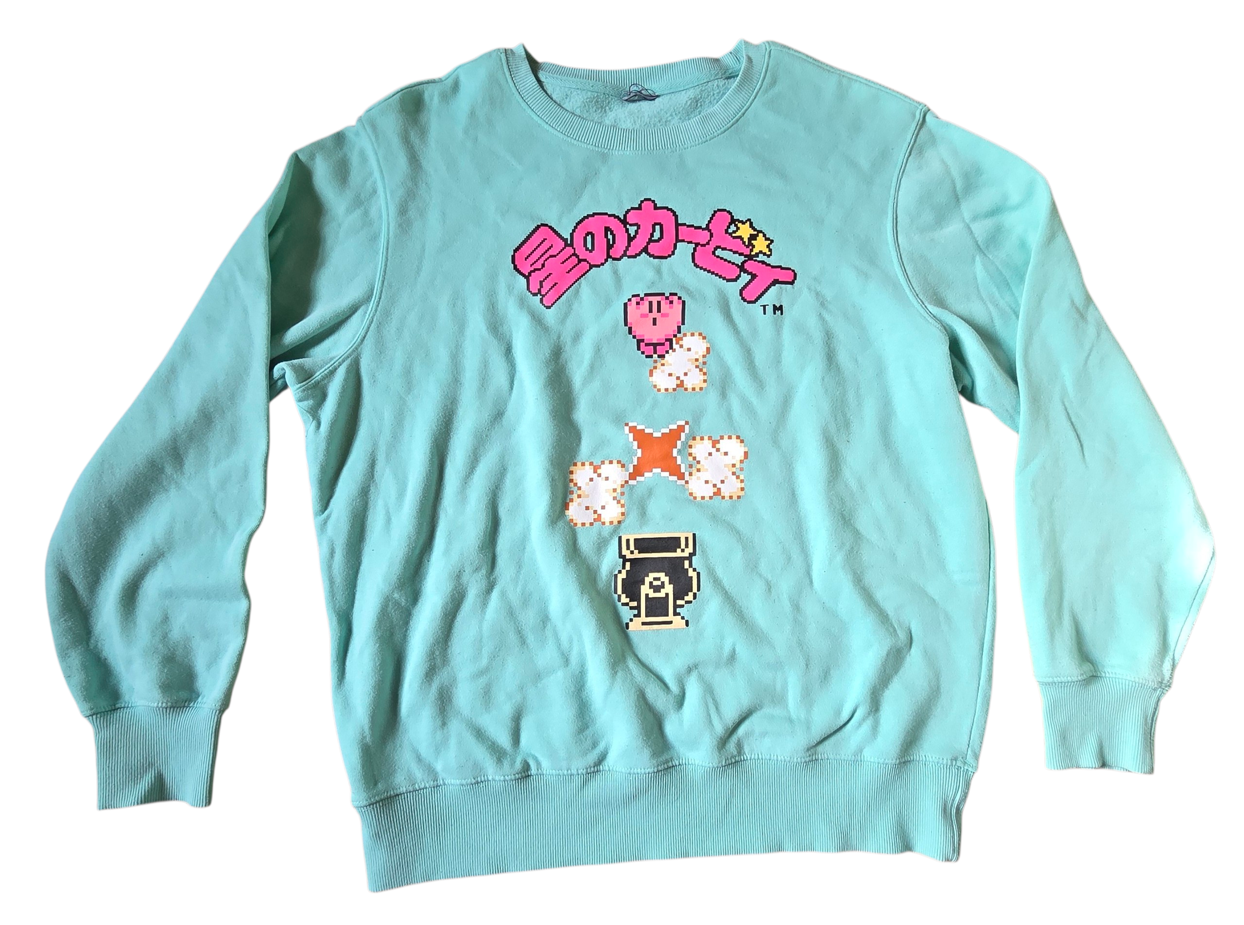 Nintendo Kirby's Adventure Kanji 8 Bit Kirby Seafoam Sweatshirt Size XL