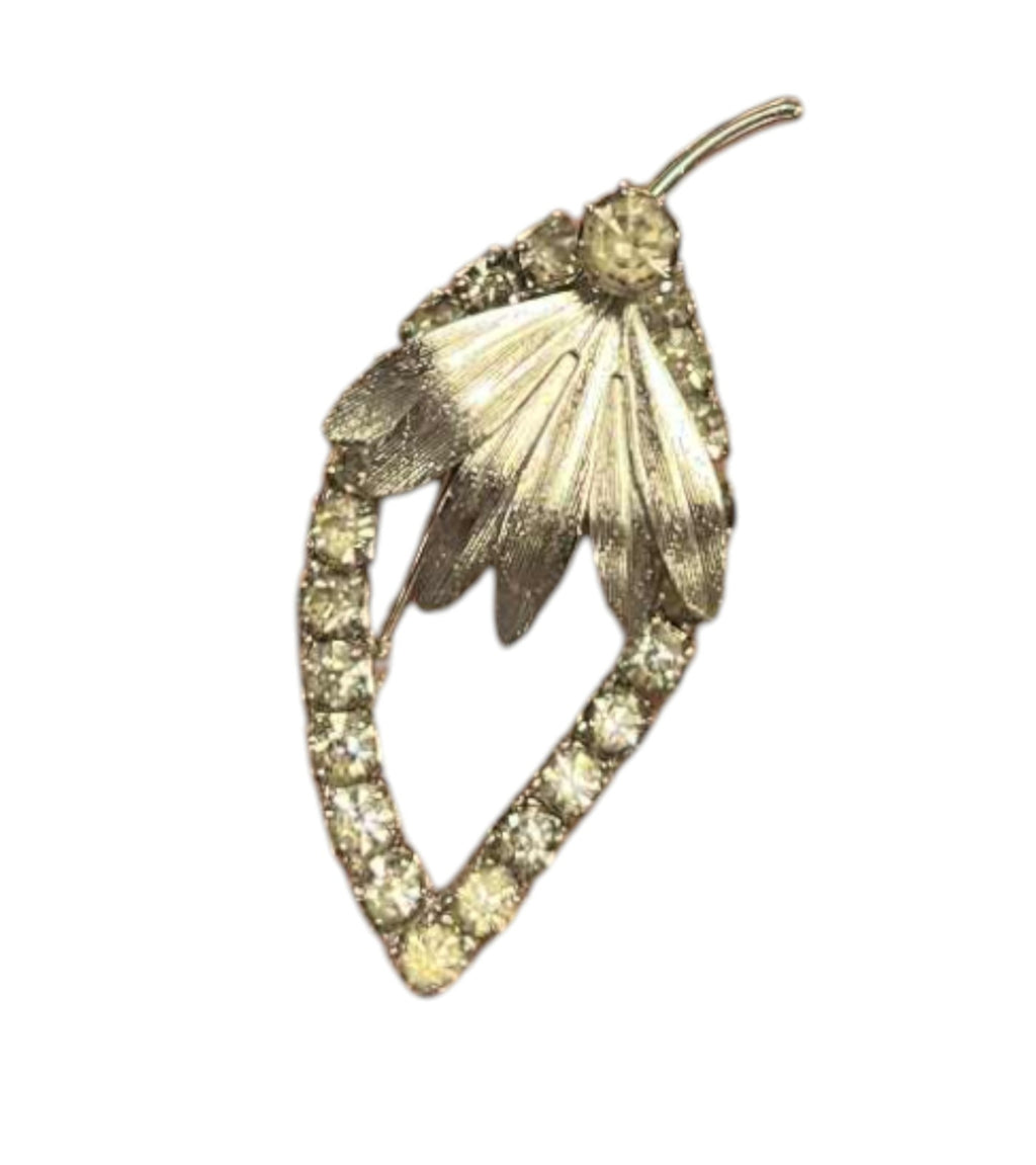 Vintage Leaf Flower Rhinestone Silvertone Brooch Pin image 2