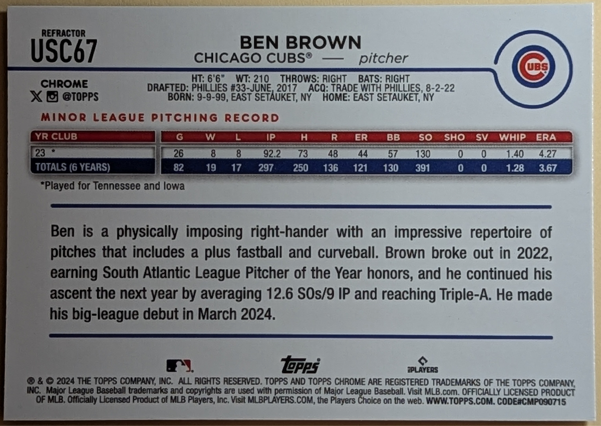 2024 Topps Chrome Update #USC67 Ben Brown RC Prism Refractor Chicago Cubs image 2