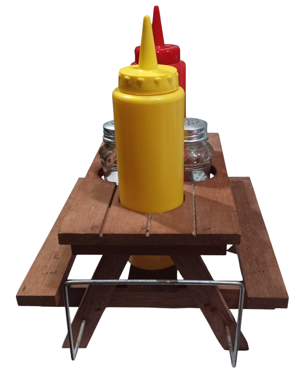 Wooden Picnic Table Condiment Holder Vintage Ketchup Mustard Bottle S&P Napkin image 4