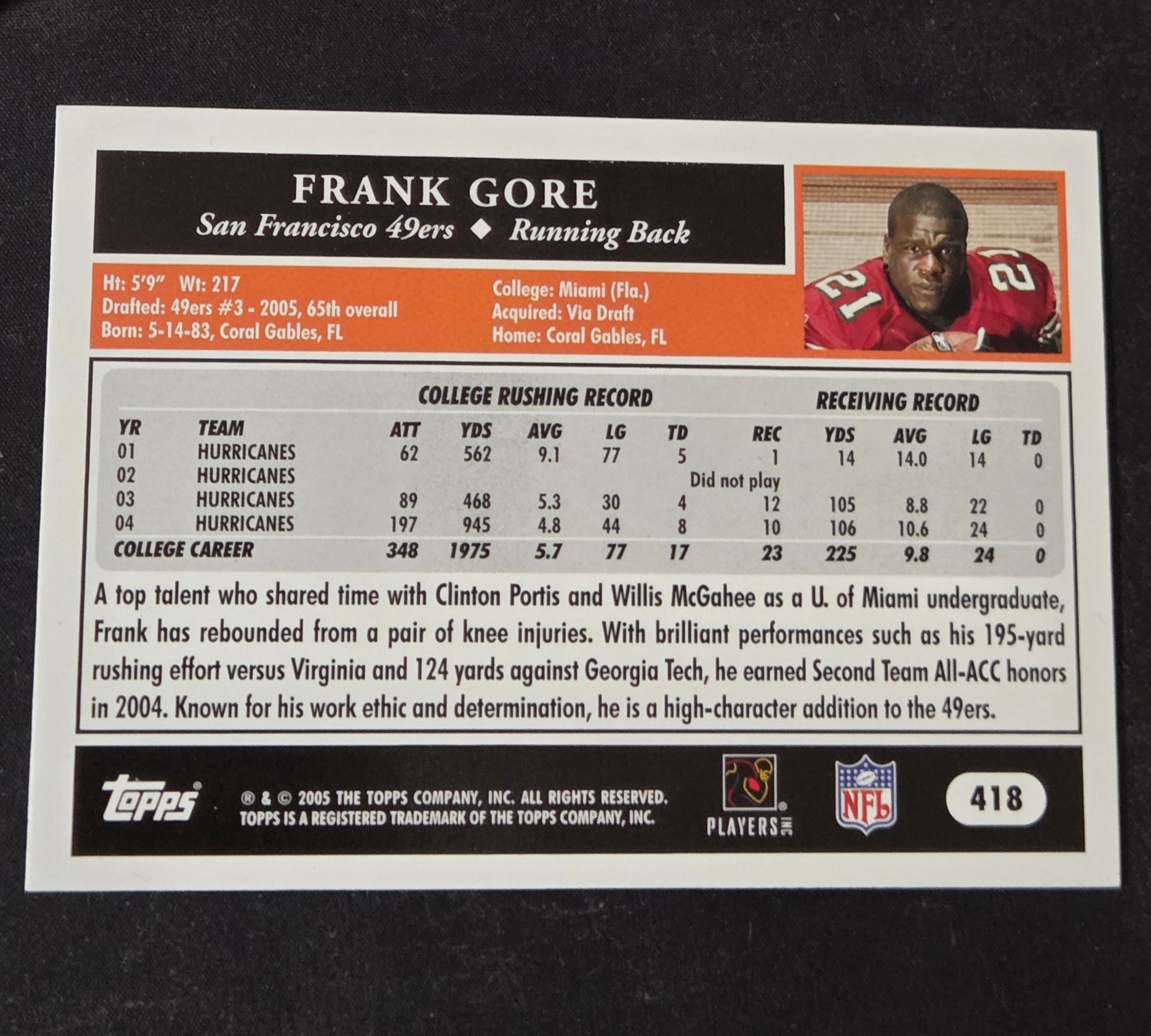 2005 Topps 50th Anniversary Frank Gore Rookie #418 San Francisco 49ers image 2