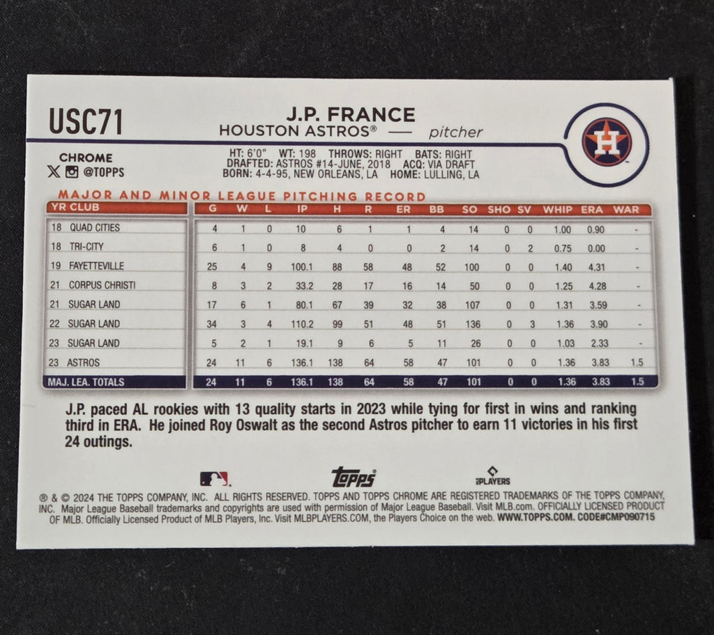 2024 Topps Chrome Update #USC71 J.P. France Magenta Refractor Astros /399 image 2