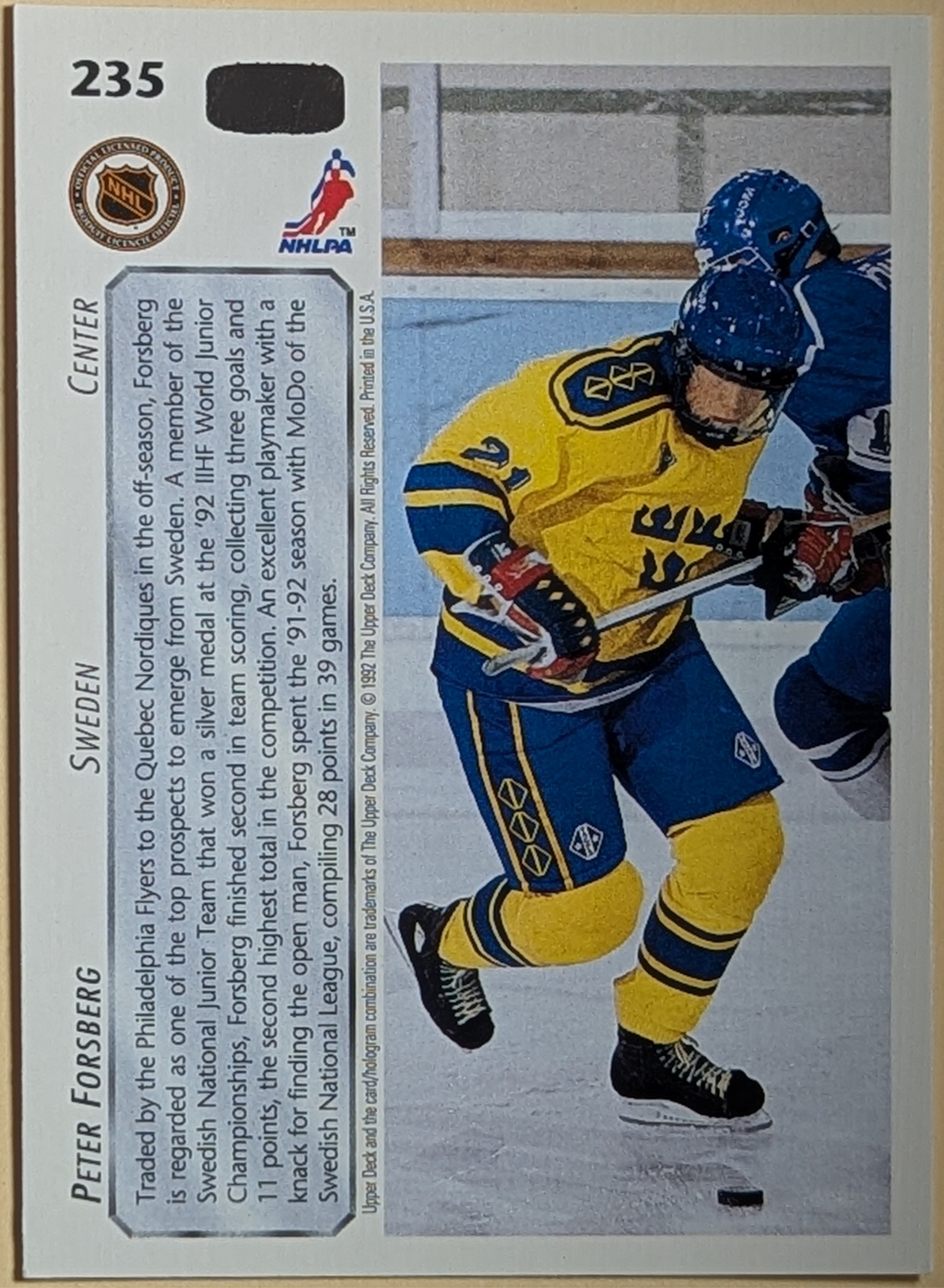 1992-93 Upper Deck World Junior Tournament #235 Peter Forsberg Team Sweden image 2