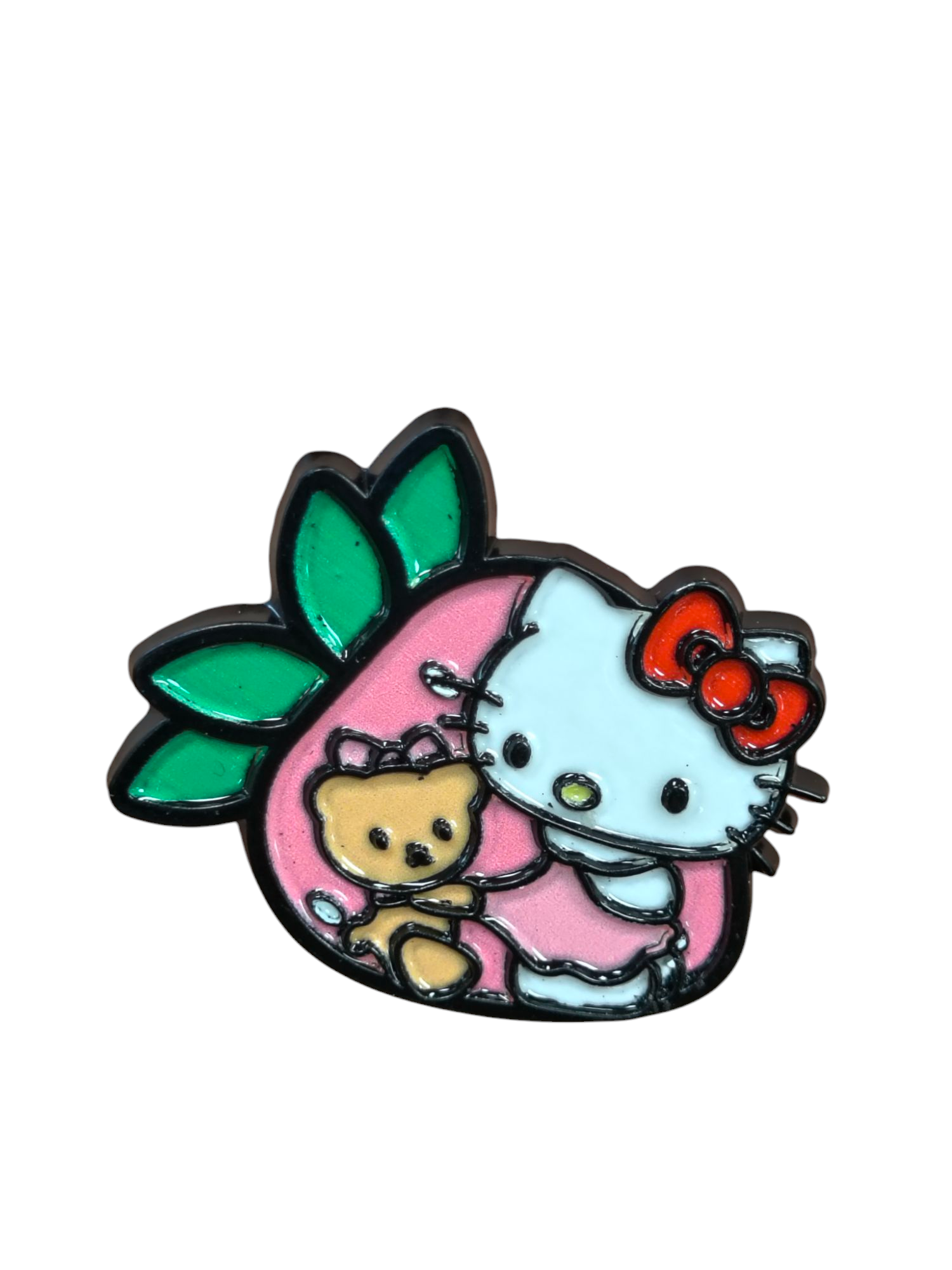 Sanrio Teddy Pulling On Hello Kitty Pink Dress And Red Bow Character Enamel Pin