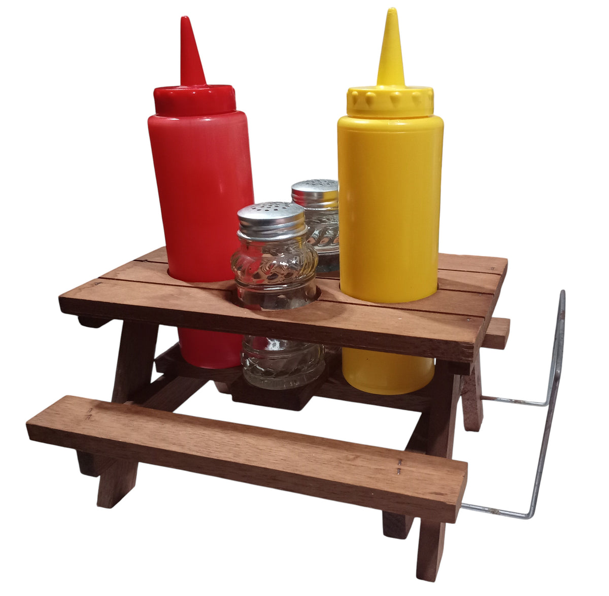 Wooden Picnic Table Condiment Holder Vintage Ketchup Mustard Bottle S&P Napkin image 2