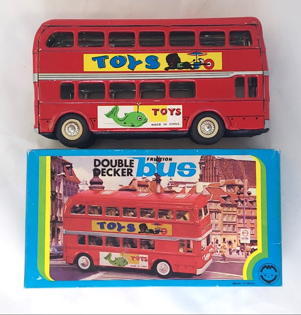 Vintage Friction Powered Toys Tin Double Decker Bus image 2