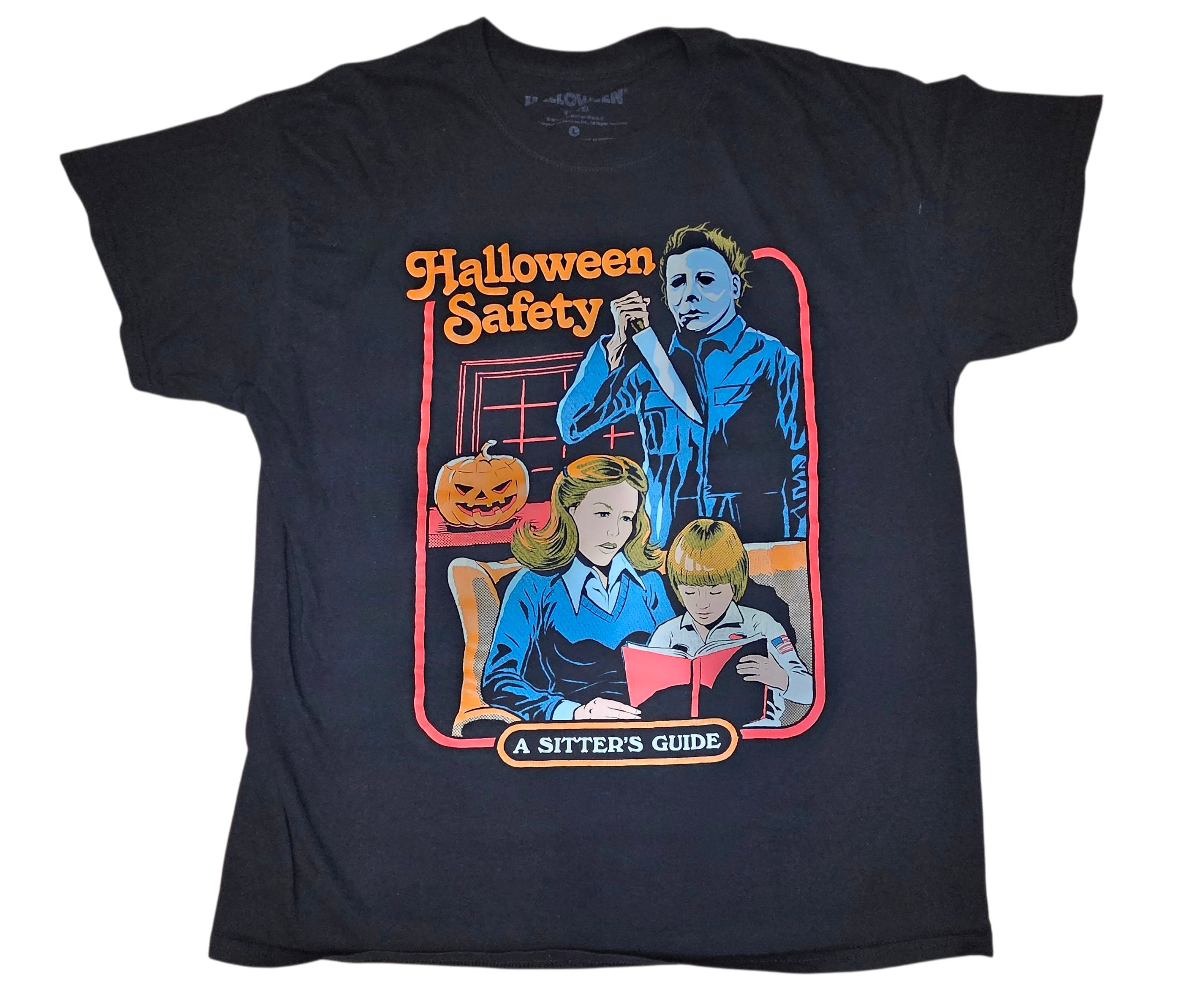 Creepy CO Halloween Safety A Sitters Guide Micheal Myers Black T-Shirt Large