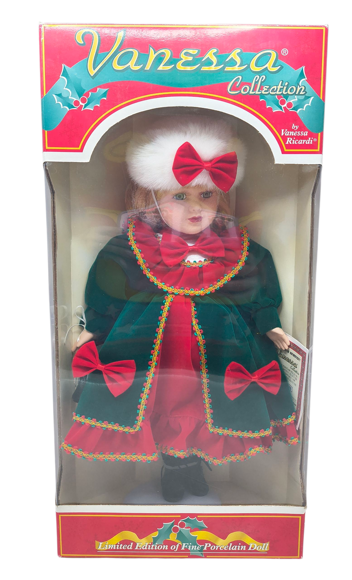 1998 Vanessa Ricardi Limited Porcelain Doll 16" Red & Green Christmas Dress