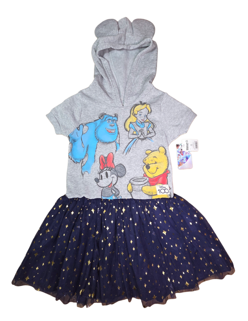 Disney 100 Girls Hooded Dress w/ Blue Tulle Skirt Size 7-8 Minnie, Sully, Pooh