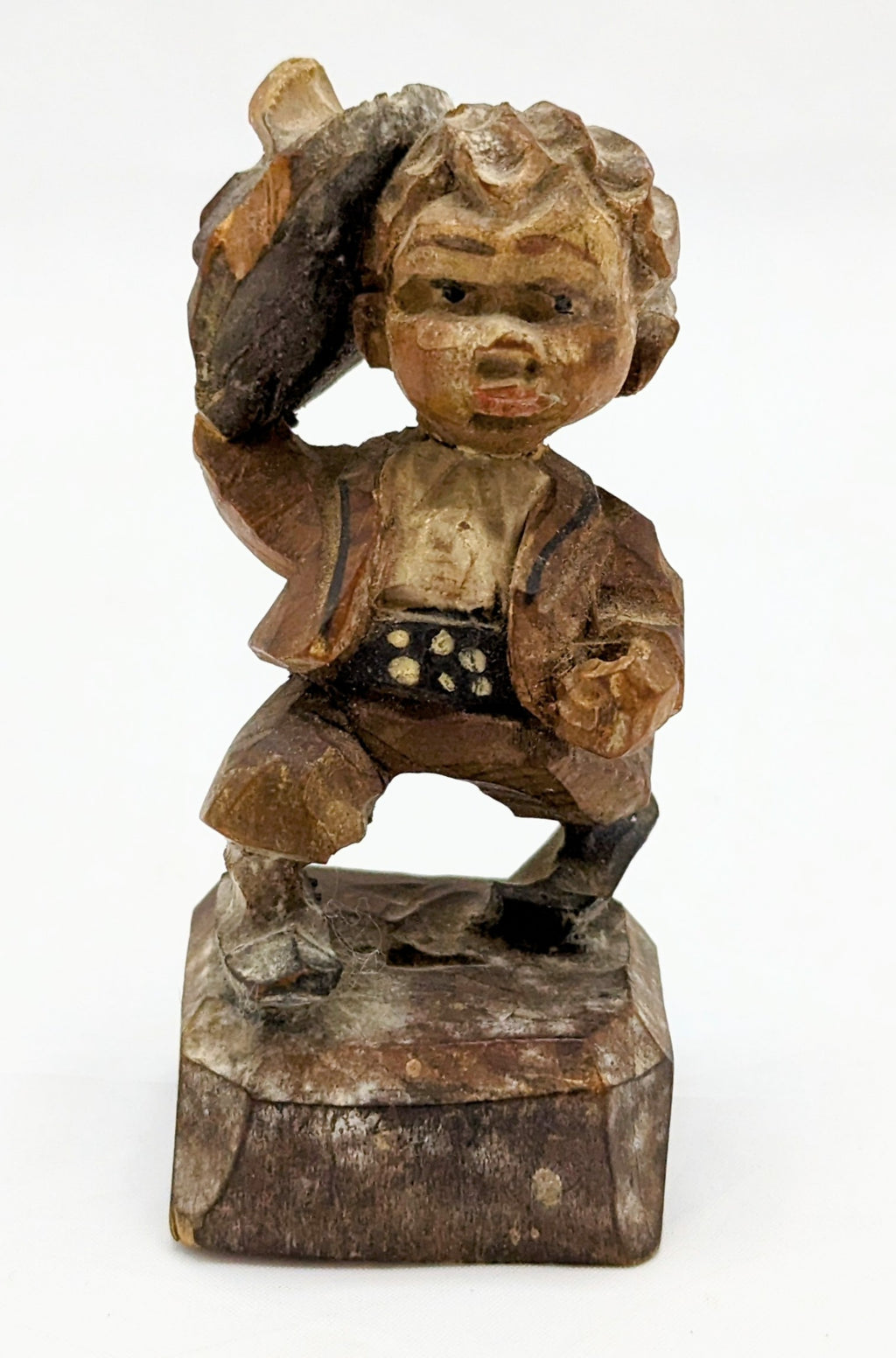 Vintage Anri Style Boy with Hat Figurine Hand Carved Wood Folk Art Sculpture