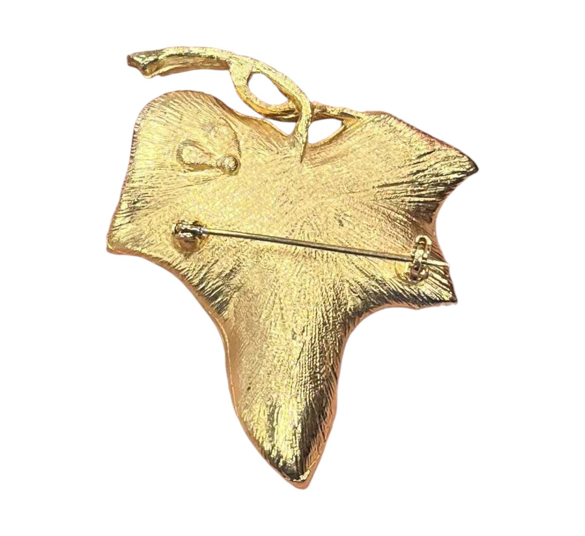 Vintage Leaf w/ Tiny Red Rhinestone Butterfly Brushed Gold Tone Large Brooch Pin image 2