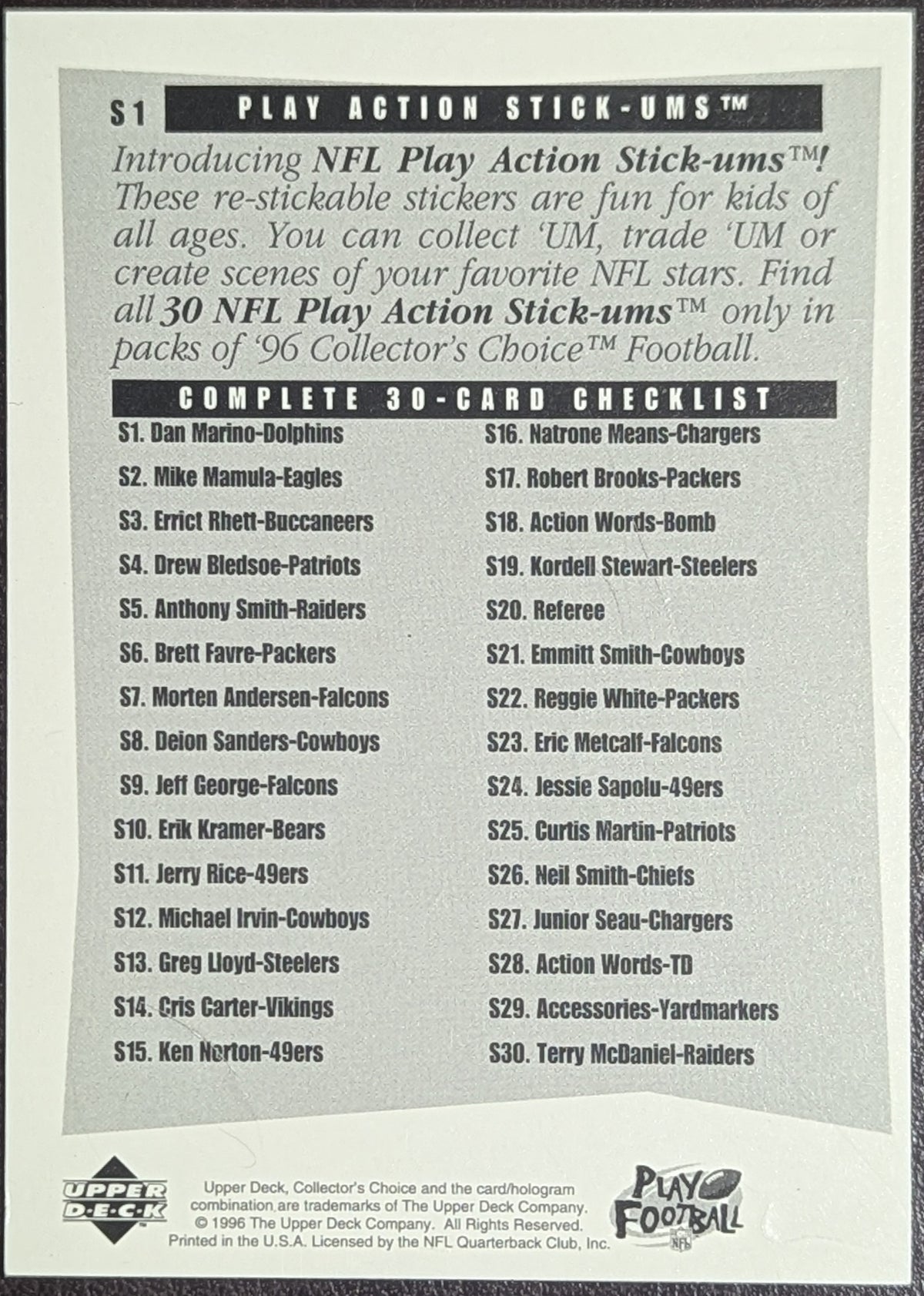 1996 Collector's Choice Play Action Stick-Ums Dan Marino #S1 Miami Dolphins image 2