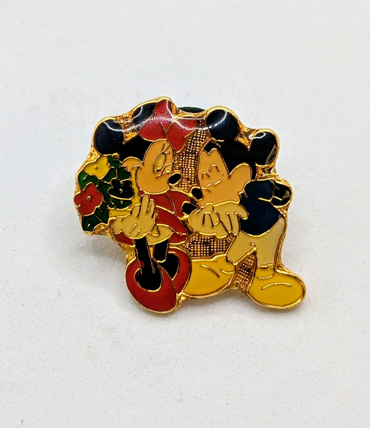 Vintage Mickey Mouse Kissing Minnie Mouse Hand Holding Flowers Lapel Pin