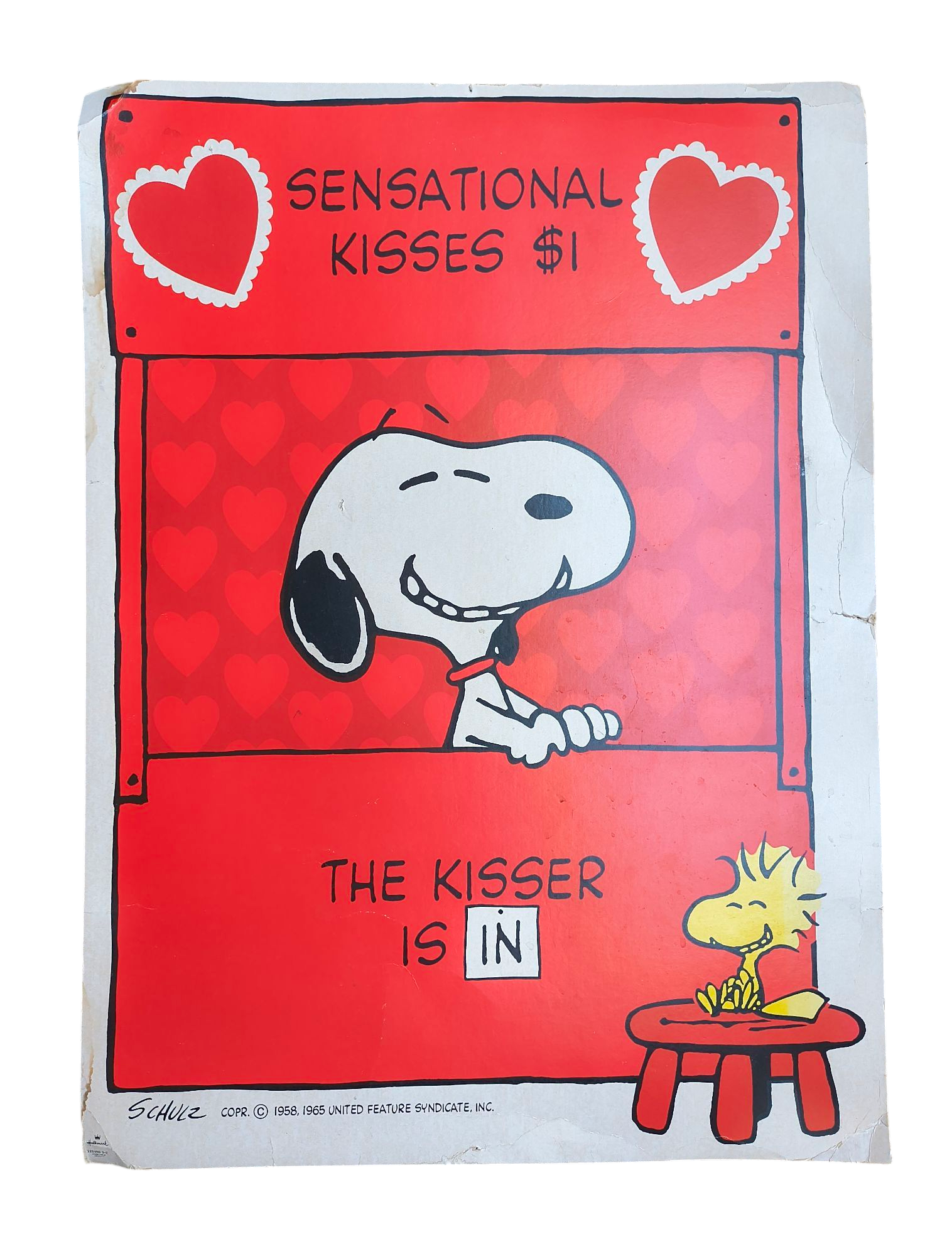 1965 Hallmark Peanuts Valentines Day Snoopy & Woodstock Kisser Is In Poster