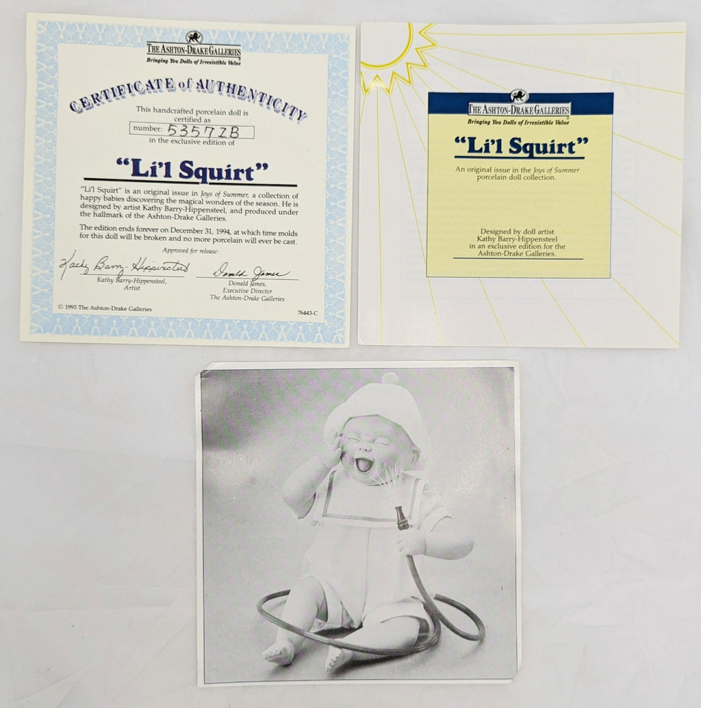 1993 Ashton Drake Galleries Li'l Squirt Porcelain Doll WIth COA & Hose image 4