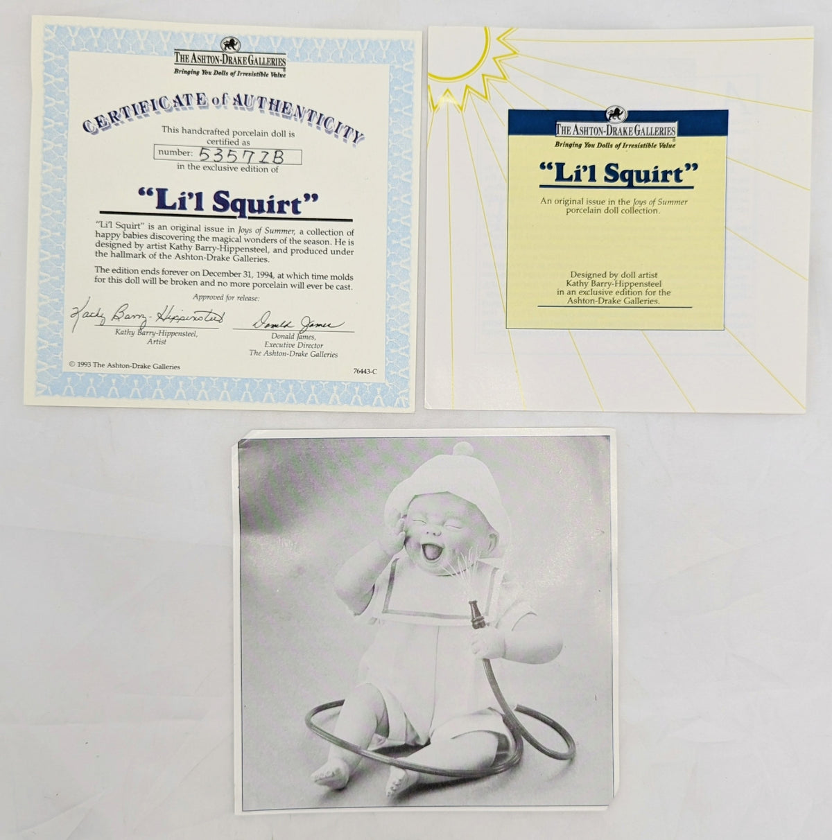1993 Ashton Drake Galleries Li'l Squirt Porcelain Doll WIth COA & Hose image 4