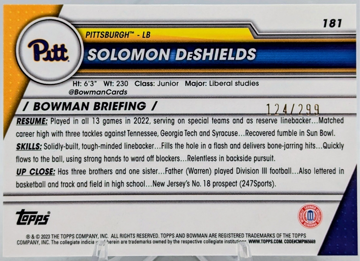 2023 Bowman Chrome U Aqua Refractor /299 Solomon DeShields RC Pittsburgh image 2