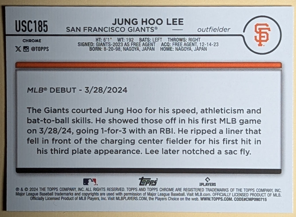 2024 Topps Chrome Update Jung Hoo Lee #USC185 San Francisco Giants RC image 2