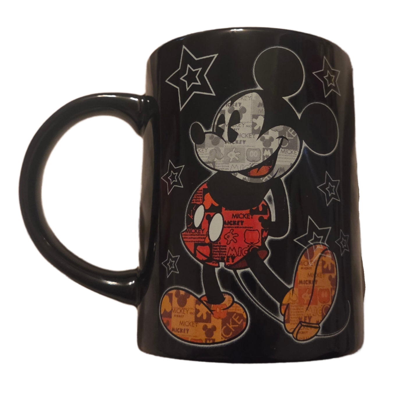 Disney Mickey Mouse Coffee Mug Jerry Leigh Cup Black Newsprint Stars