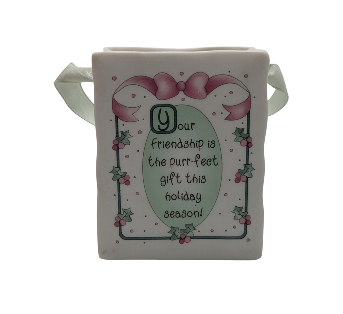 1994 Enesco Precious Moments Meowie Christmas Porcelain Bag Ornament 3" image 2