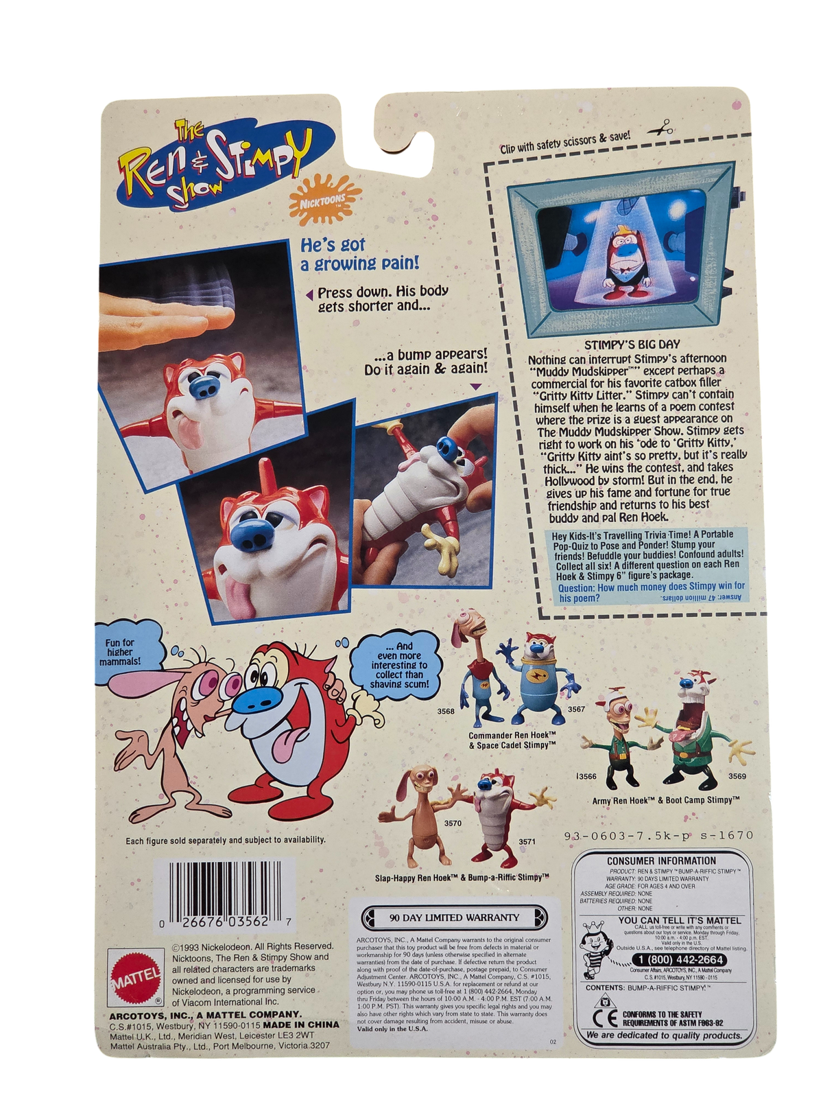 1993 Mattel Ren and Stimpy Bump A Riffic Stimpy w/ Smash Tastic Action Figure image 2