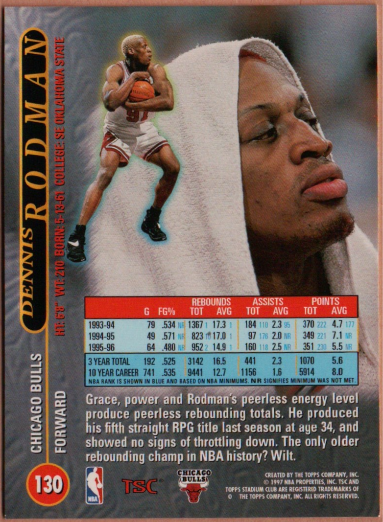 1996-97 Topps Stadium Club Dennis Rodman #130 Chicago Bulls image 2