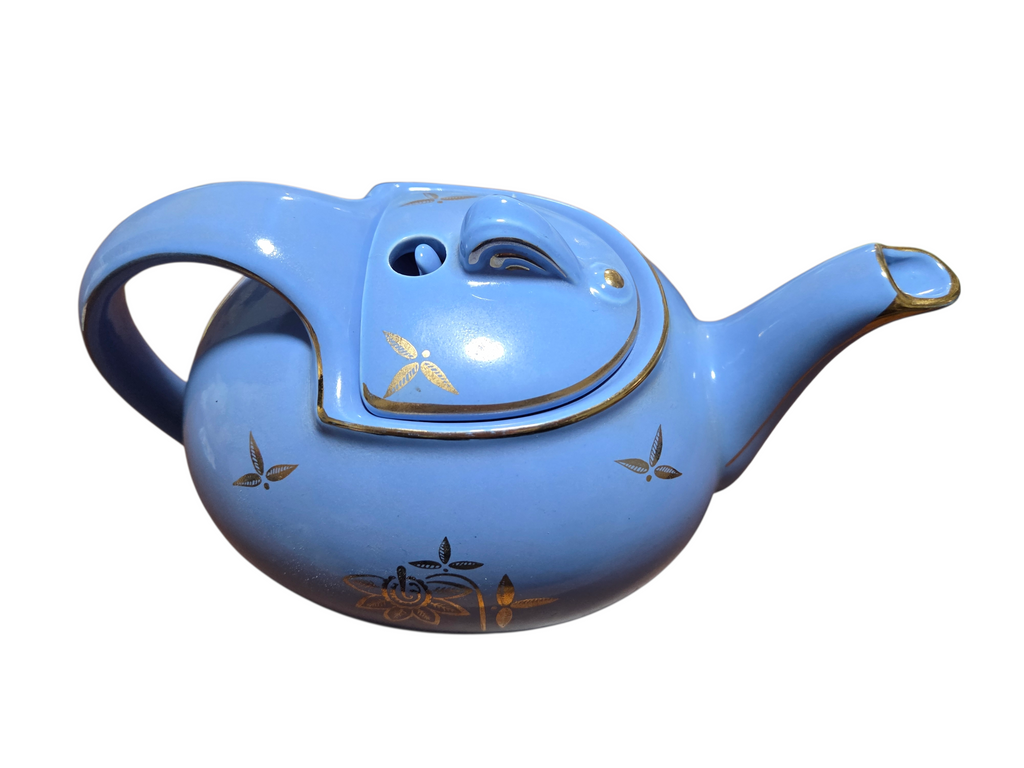 1940's Hall 6 Cup Teapot 0749 Cadet Blue Gold Hook Lid USA Pottery image 5