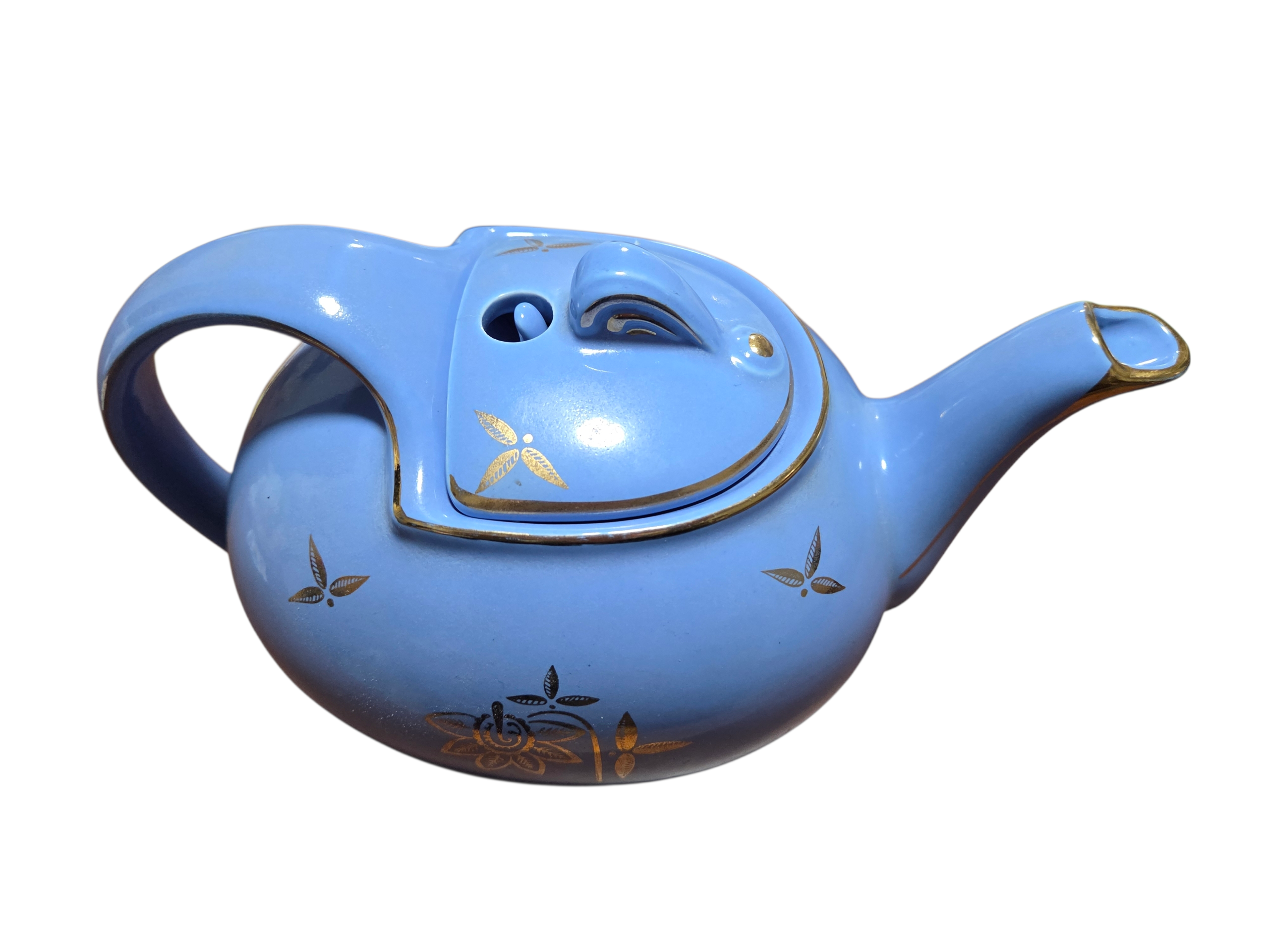 1940's Hall 6 Cup Teapot 0749 Cadet Blue Gold Hook Lid USA Pottery image 5