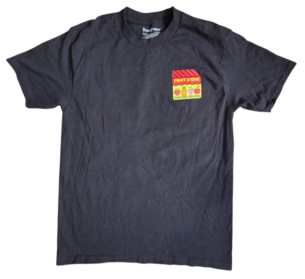Brandmakers Vintage Fruit Store 1936 Poster Black T-Shirt Front & Back Medium