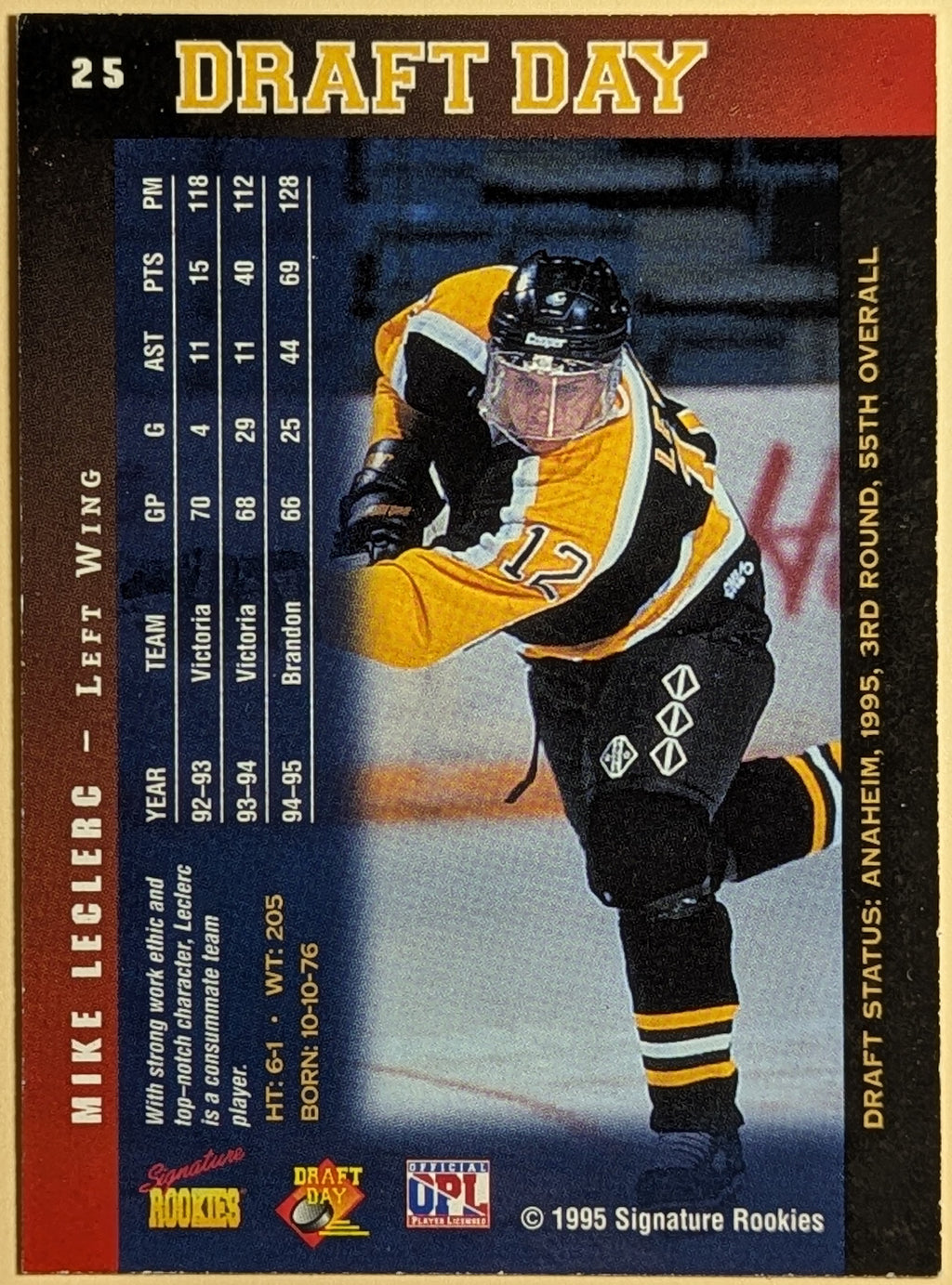 1995 Signature Rookies Draft Day #25 Mike Leclerc Mighty Ducks Auto /4500 image 2