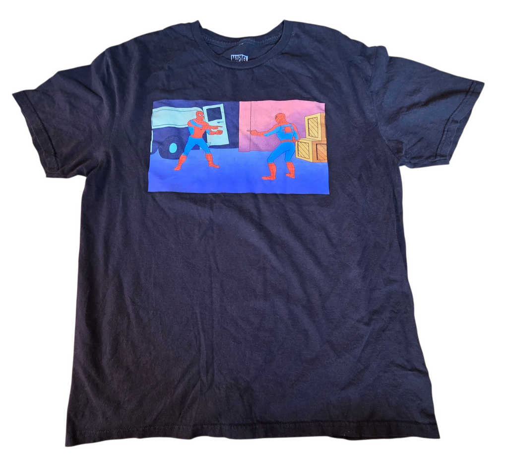 Marvel Spider-Man Blue Pointing Meme Funny Graphic T-Shirt Large