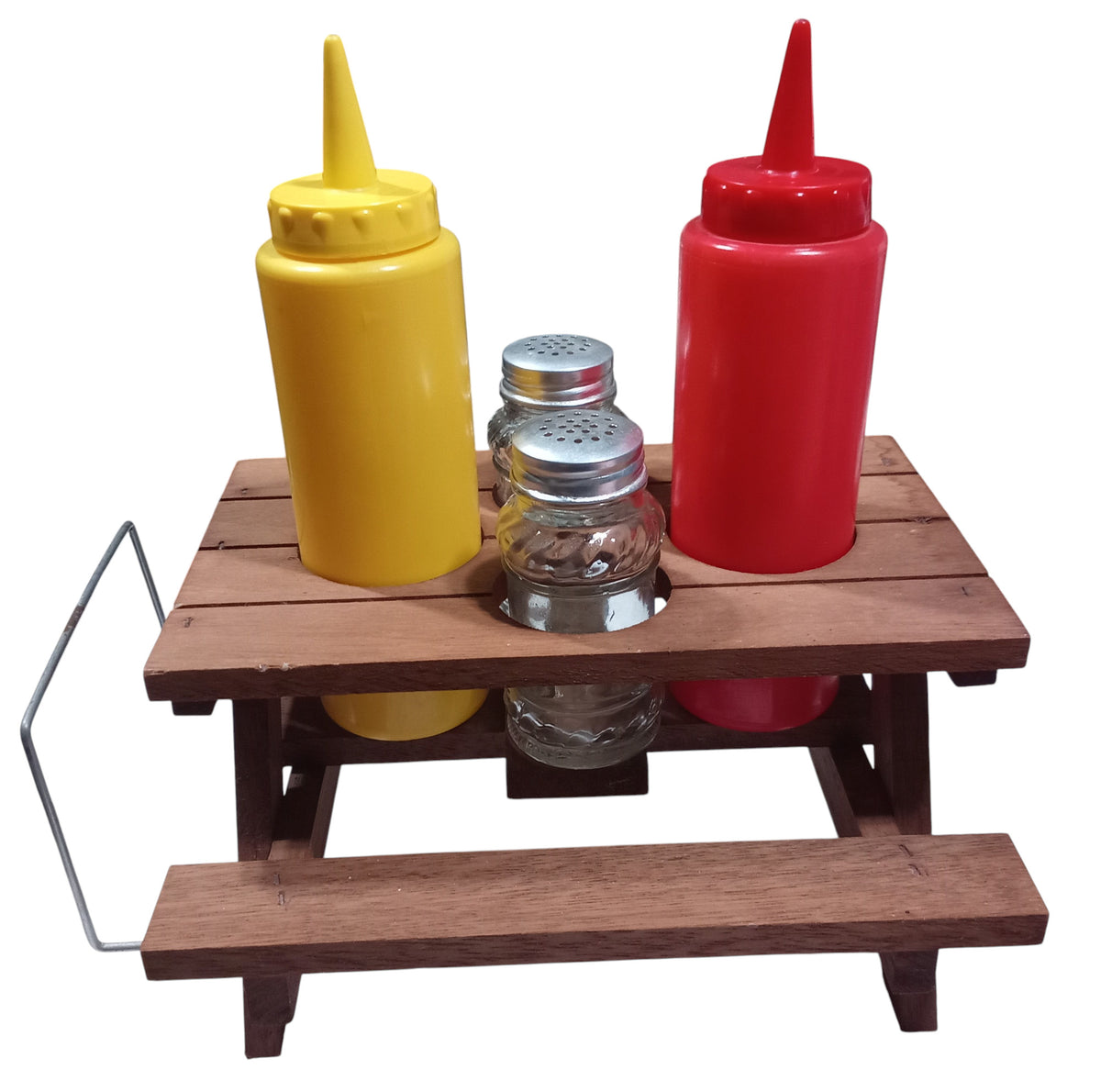Wooden Picnic Table Condiment Holder Vintage Ketchup Mustard Bottle S&P Napkin