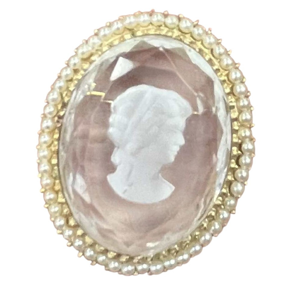 Vintage Micro Pearl & Lucite Etched Clear Cameo Gold Tone Brooch
