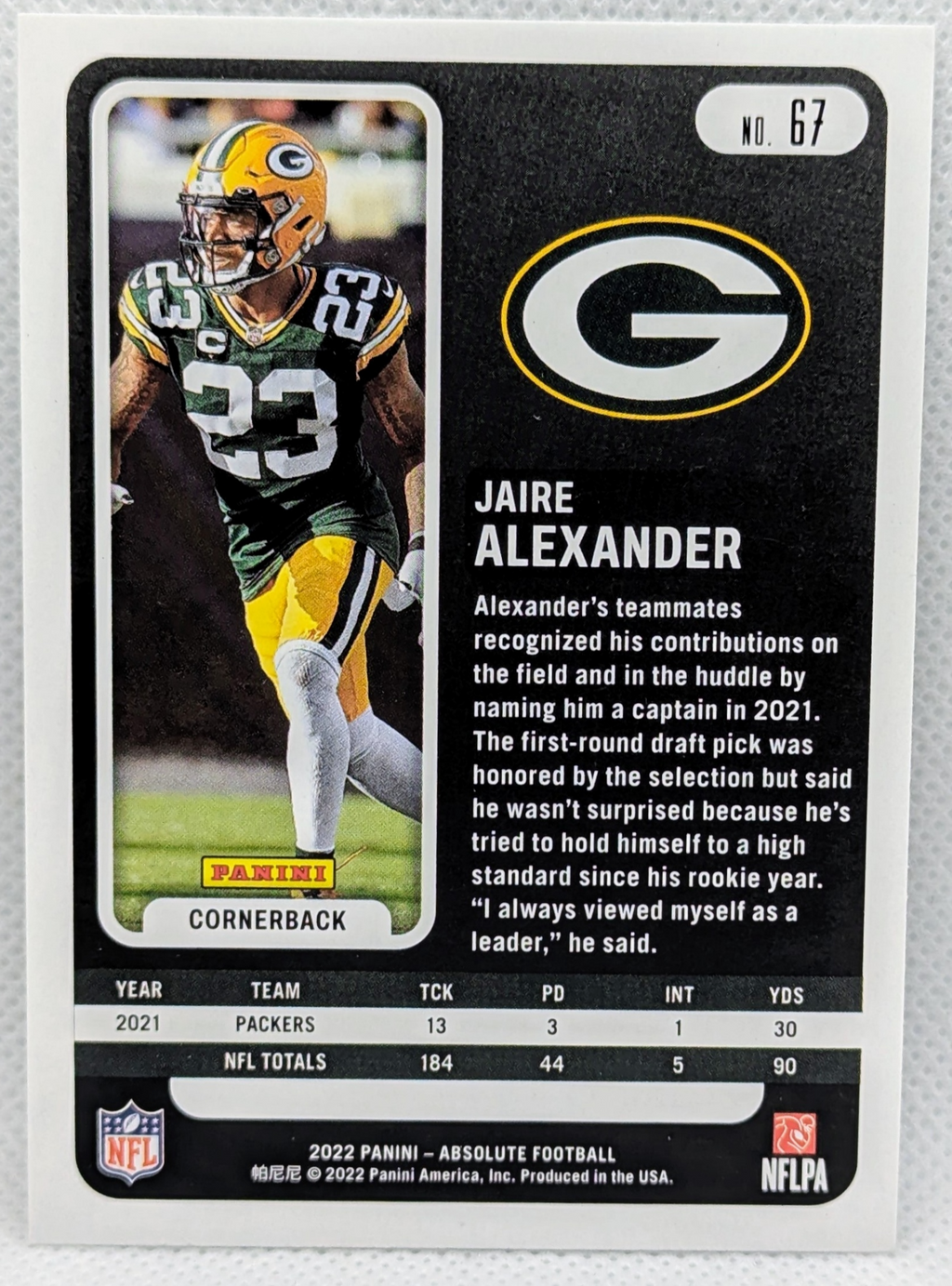 2022 Panini Absolute Red Parallel Jaire Alexander #67 Packers image 2