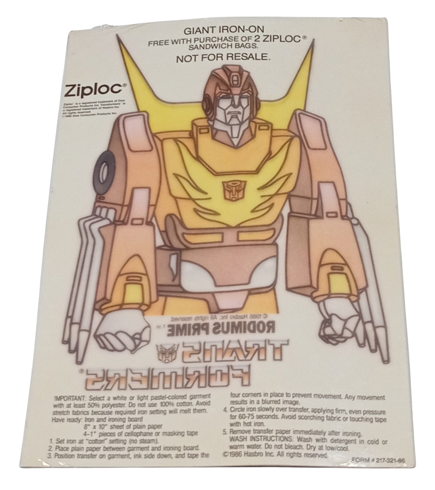 Vintage 1986 Ziploc Mail-in Giant Iron-on Transformers Rodimus Prime 5"x 4" - DT