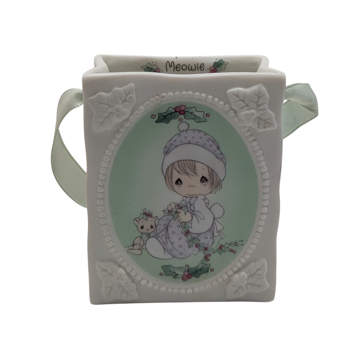 1994 Enesco Precious Moments Meowie Christmas Porcelain Bag Ornament 3"