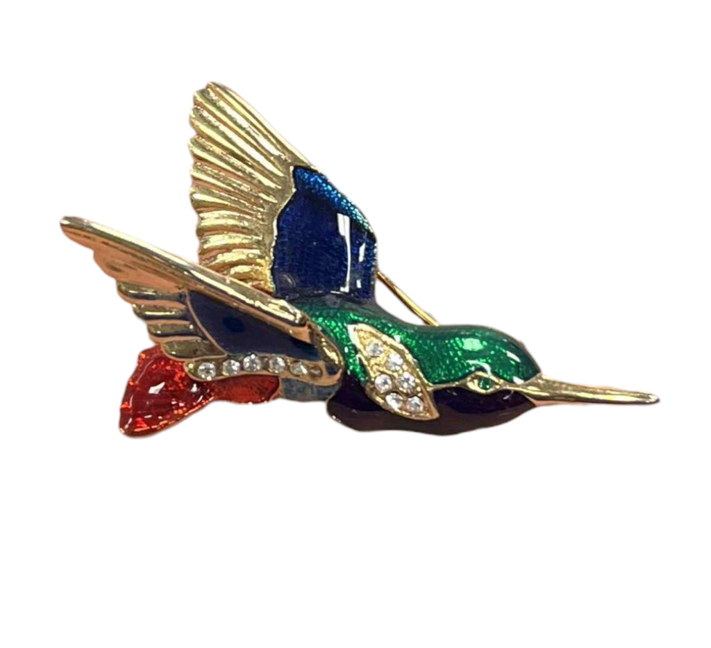 Gold Tone Clear Rhinestones Blue, Green and Red Enamel Hummingbird Brooch Pin