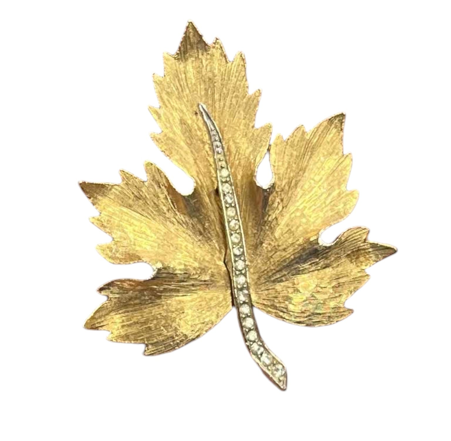 1950s Park Lane Gold Silver PL Rhinestone Maple Leaf Brooch Pin