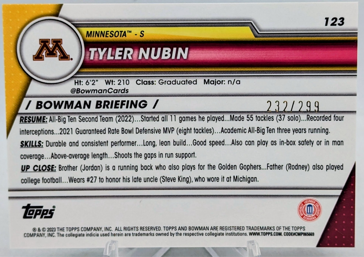 2023 Bowman Chrome U Tyler Nubin 1st Aqua Refractor /299 Minnesota #123 image 2