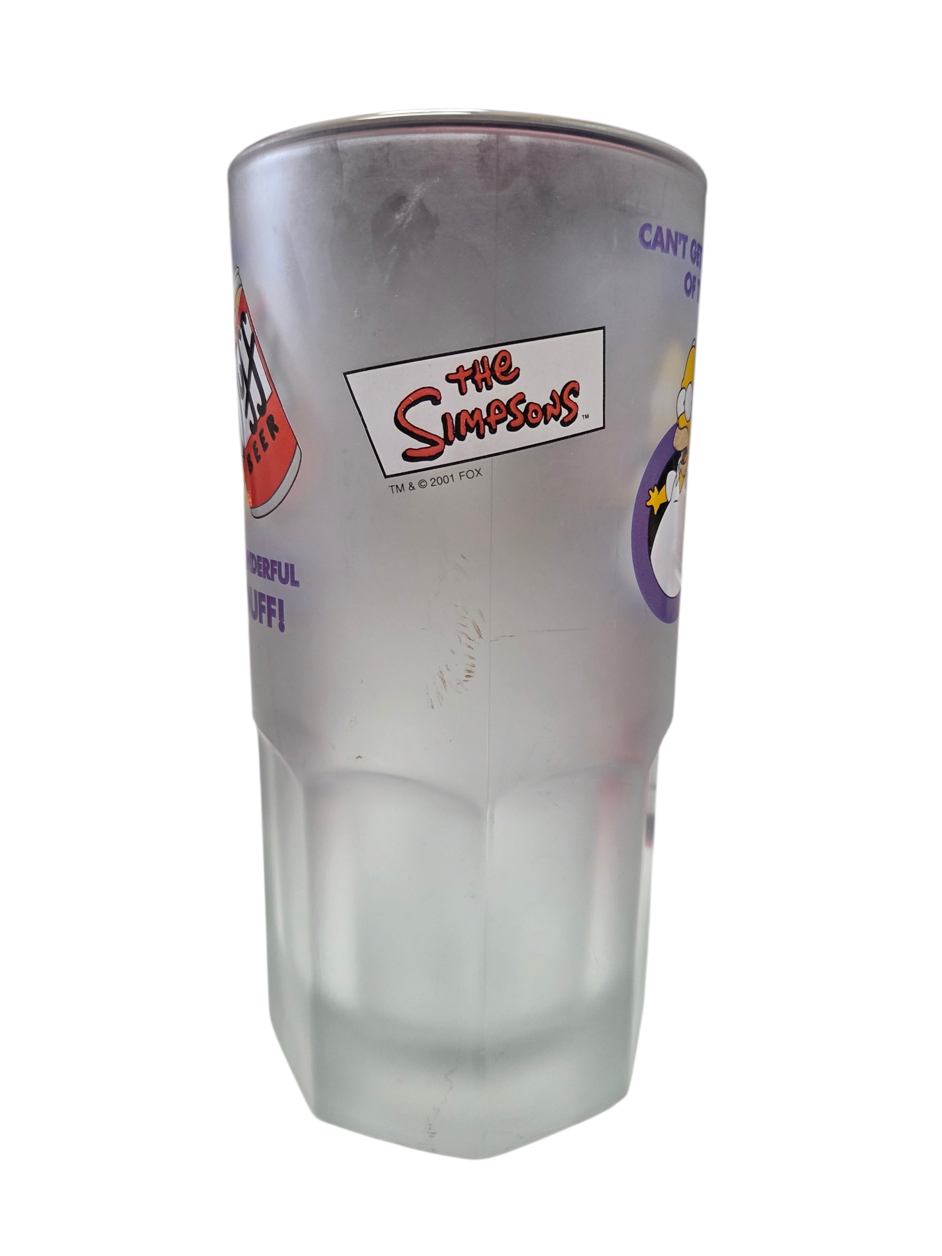 2001 Simpsons Homer Can’t Get Enough of That Wonderful Duff Frosted Glass Mug image 3