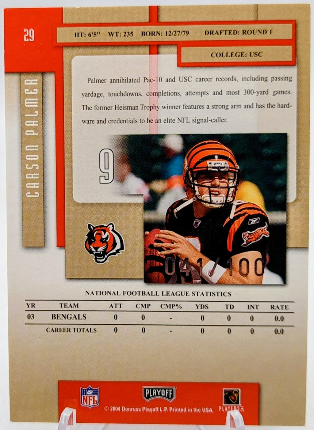 2004 Playoff Prestige Xtra Points Red /100 Carson Palmer Bengals #29 image 2