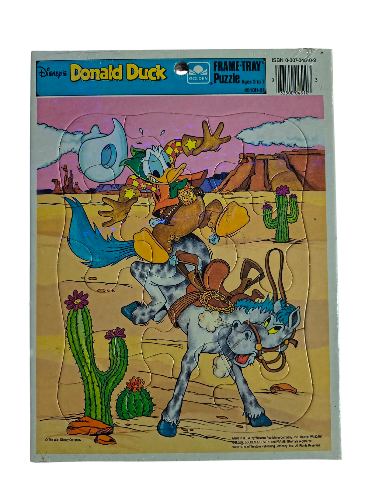 Vintage Golden Donald Duck Cowboy Desert Horse Bronco Frame Tray Puzzle